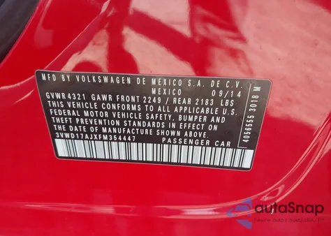 2015 Volkswagen Jetta 1.8T Se из США, поврежденный, VIN 3VWD17AJXFM354447